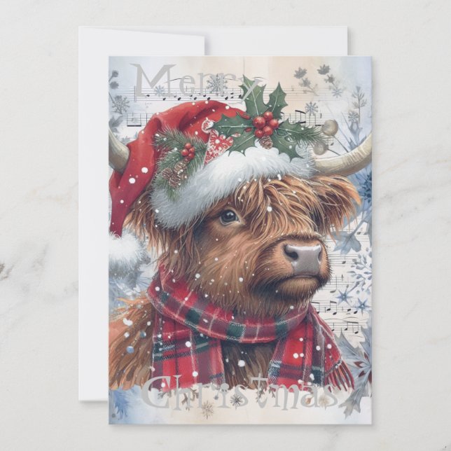 Cartes Pour Fêtes Annuelles Vache Highland hiver Aquarelle de Noël (Devant)