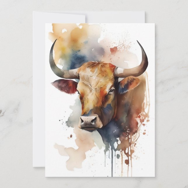 Cartes Pour Fêtes Annuelles Vache Longhorn En Aquarelles (Devant)