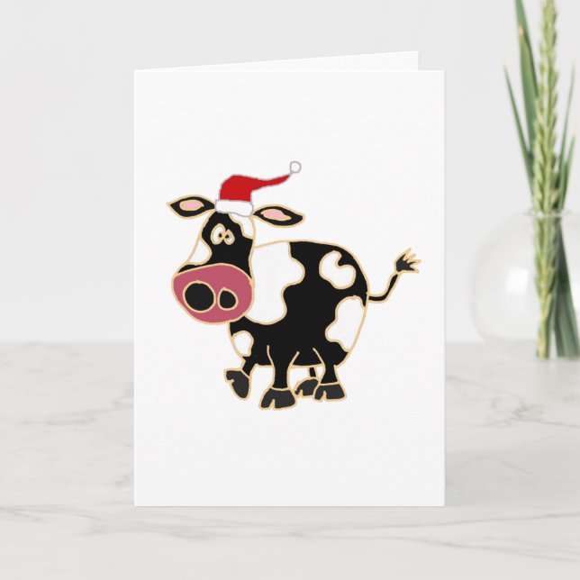 Cartes Pour Fêtes Annuelles Vache noire et blanche à Santa Hat (Devant)