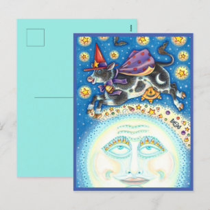 CARTES POUR FÊTES ANNUELLES VACHE SUR L'HOMME DANS LA LUNE, ROUGE COLORÉ