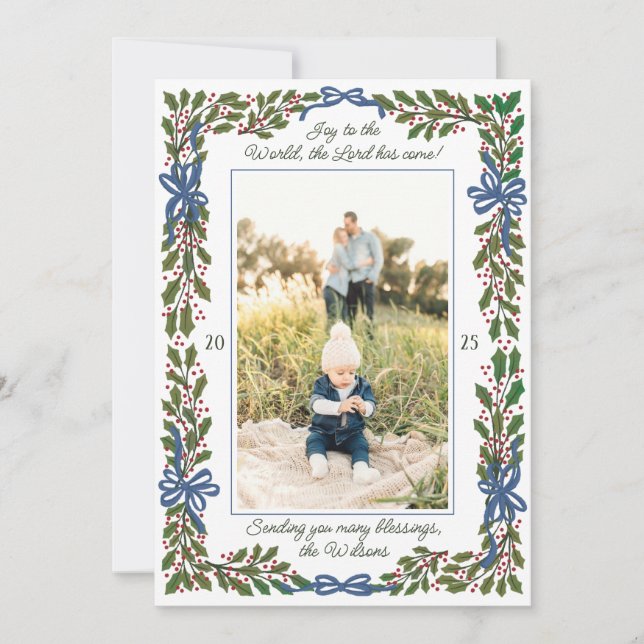 Cartes Pour Fêtes Annuelles Vaches bleues et Holly Garland Noël en une photo (Devant)