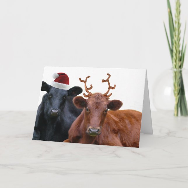 Cartes Pour Fêtes Annuelles Vaches de Noël à Santa Hat et Antlers (Devant)