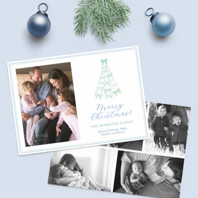 Cartes Pour Fêtes Annuelles Vaches modernes Bleu Vert Joyeux Noël Photo (Modern whimsical watercolor blue and green bows Merry Christmas Happy Holidays Photo Card)