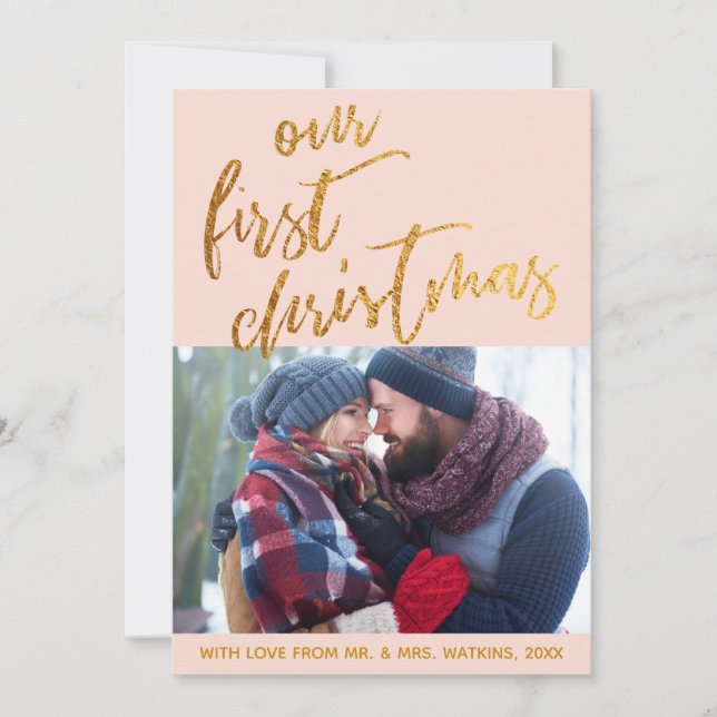 Cartes Pour Fêtes Annuelles Vagues d'or sur Blush Our First Christmas, Photo (Devant)