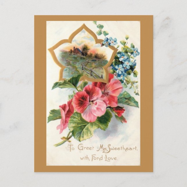 Cartes Pour Fêtes Annuelles Valentin vintage avec Geraniums (Devant)