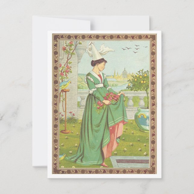 Cartes Pour Fêtes Annuelles Valentine antique Dame médiévale avec des fleurs (Devant)