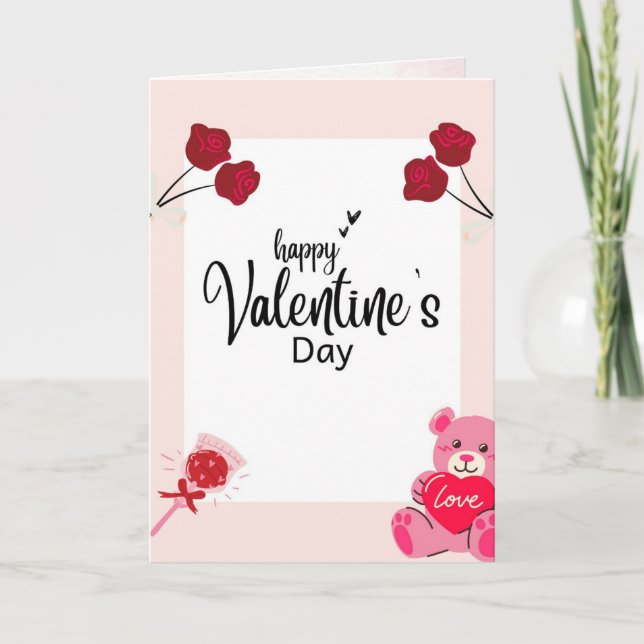 Cartes Pour Fêtes Annuelles Valentine’s Day Card with Red Roses & Teddy Bear (Devant)