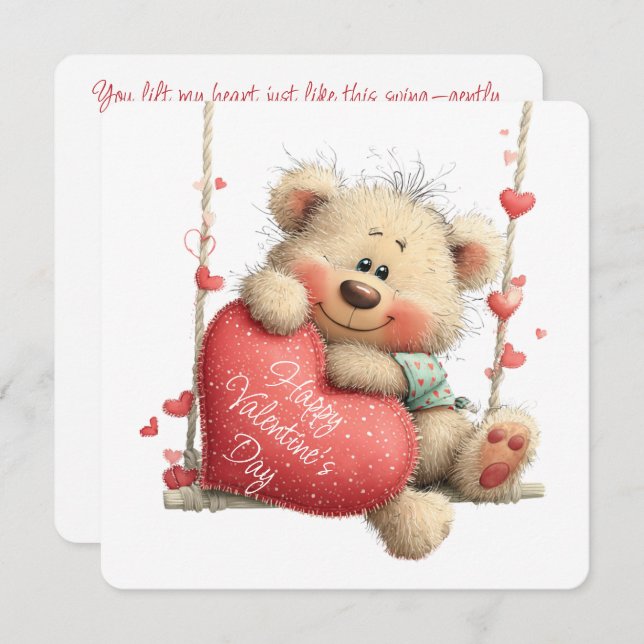 Cartes Pour Fêtes Annuelles Valentine Teddy Bear on Swing with Heart  (Devant / Derrière)