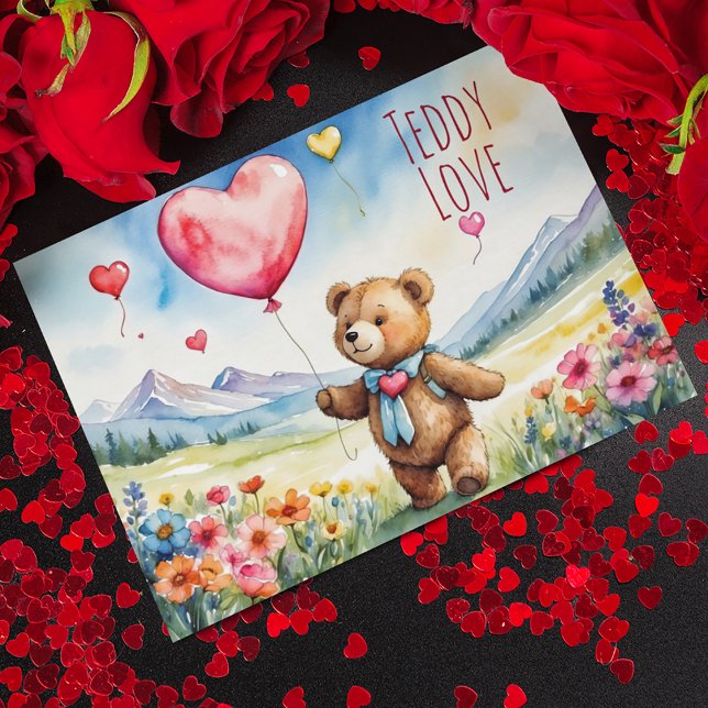 Cartes Pour Fêtes Annuelles Valentine Teddy Bear tenant un ballon en forme de  (Créateur téléchargé)