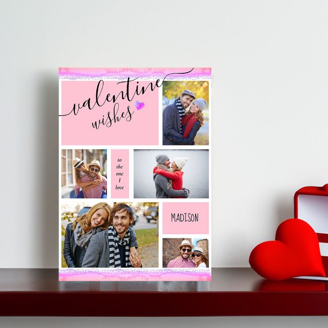 Cartes Pour Fêtes Annuelles Valentine veut 5 Photo Collage Pink Valentine's (Photo Collage Pink Valentines Card to the one I love)