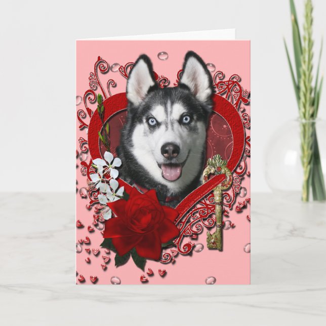 Cartes Pour Fêtes Annuelles Valentines - clé à mon coeur - chien de traîneau (Devant)