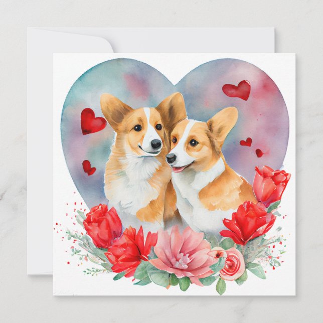 Cartes Pour Fêtes Annuelles Valentines Corgi Paire, Coeur, Fleurs, Aquarelle (Devant)