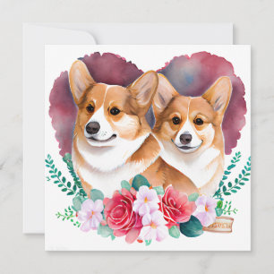 Cartes Pour Fêtes Annuelles Valentines Corgi Paire, Coeur, Fleurs, Aquarelle