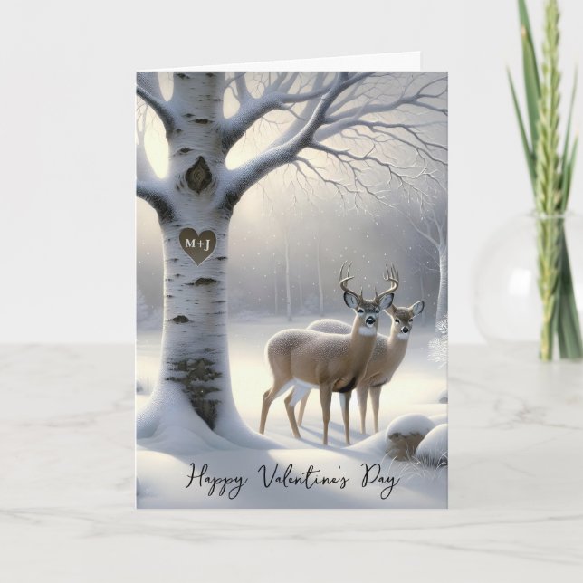Cartes Pour Fêtes Annuelles Valentine's Day Deer with Initials on Tree Heart (Devant)