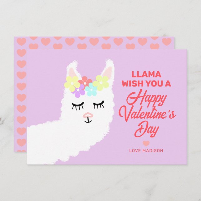 Cartes Pour Fêtes Annuelles Valentines Day Llama Pun Kids Classroom Exchange (Devant / Derrière)