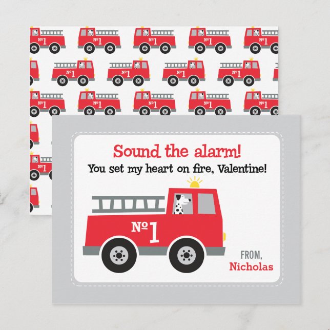 Cartes Pour Fêtes Annuelles Valentines de classe Camion-feu (Devant / Derrière)