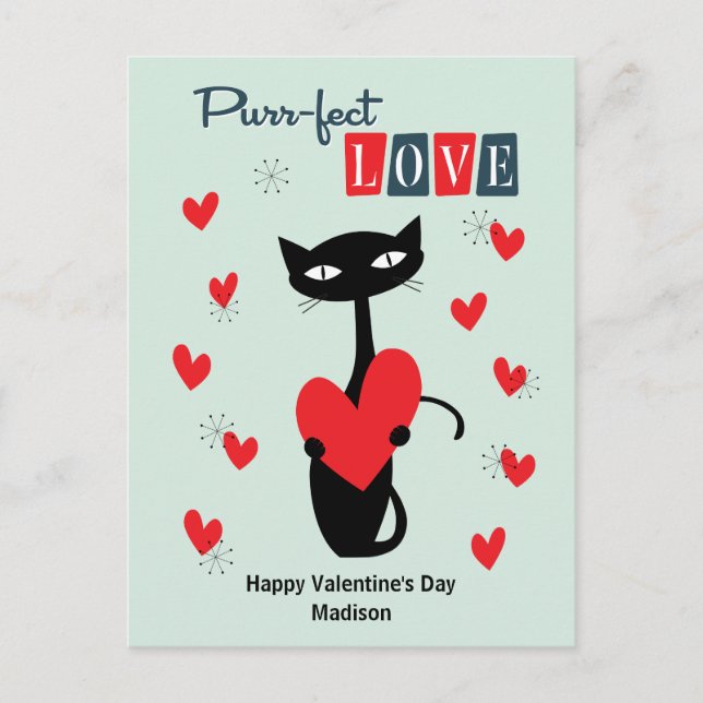Cartes Pour Fêtes Annuelles Valentines Jour Rétro Mid Century Chat (Devant)
