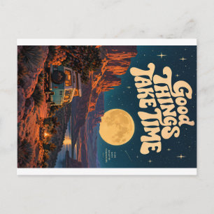 Cartes Pour Fêtes Annuelles Van de camping vintage sous une lune et des étoile