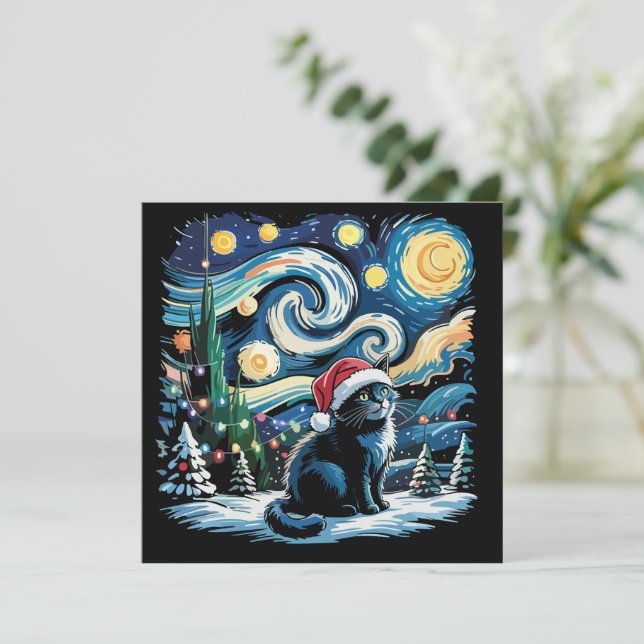 Cartes Pour Fêtes Annuelles Van Gogh Nuit étoilée Festive Noël Chat noir  (Debout devant)