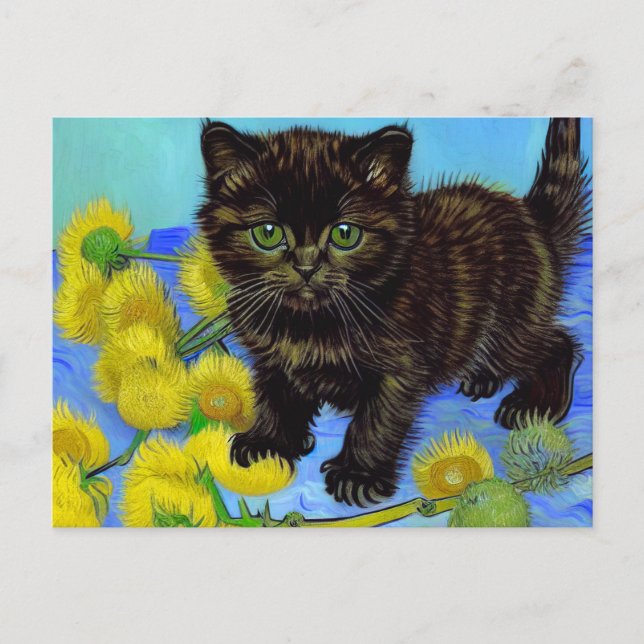Cartes Pour Fêtes Annuelles Van Gogh Style Chat avec tournesol (Devant)