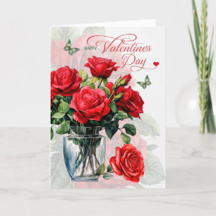 Cartes Pour Fêtes Annuelles Vase de Roses rouges et papillons Saint-Valentin