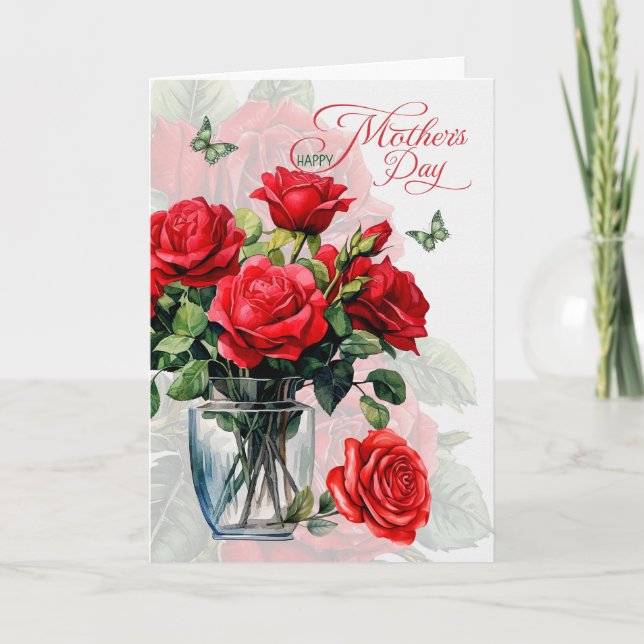 Cartes Pour Fêtes Annuelles Vase des roses rouges et papillons Fête des mères (Devant)