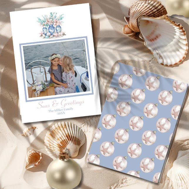 Cartes Pour Fêtes Annuelles Vases Chinoiserie avec Eucalyptus & Poinsettias (Chinoiserie Vases with Eucalyptus & Poinsettias Holiday Card- front and back)