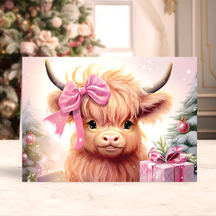 Cartes Pour Fêtes Annuelles Veau des Highlands Bébé avec Nœud Rose Noël