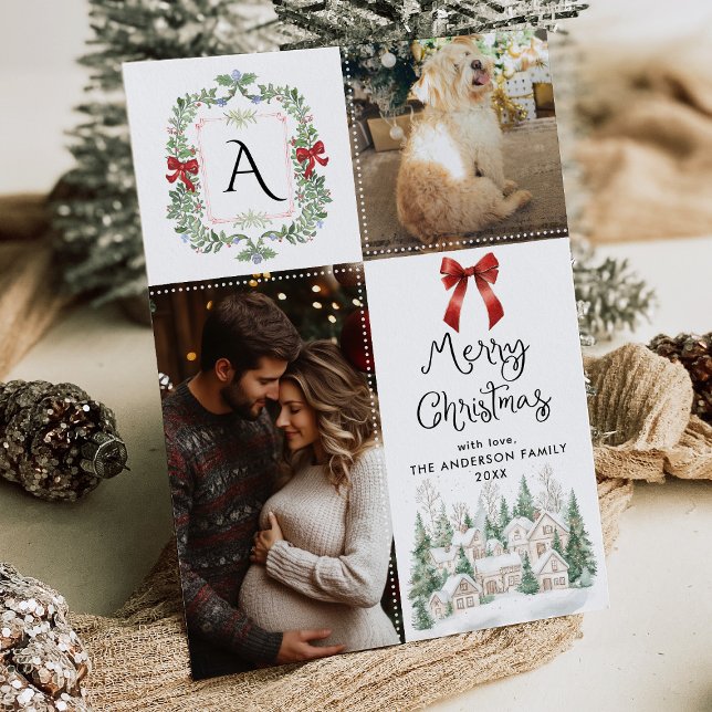 Cartes Pour Fêtes Annuelles Végétal Monogram Crest Bow Joyeux Noël Photo (Créateur téléchargé)