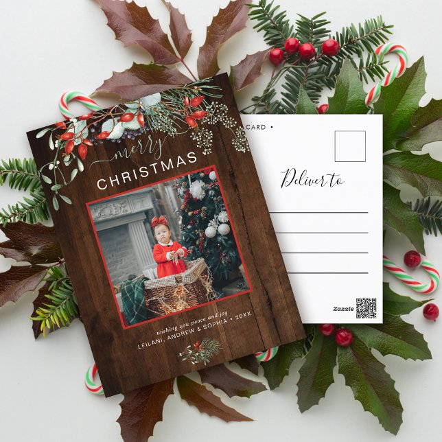 Cartes Pour Fêtes Annuelles Végétal Noël Photo Aquarelle Bois foncé (You will love these beautiful Christmas cards! They feature botanical watercolor pine and berries.)