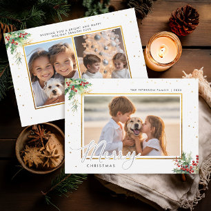 Cartes Pour Fêtes Annuelles Végétation d'hiver Cadres d'or Enfants Photo Noël