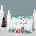 Cartes Pour Fêtes Annuelles Végétation d'hiver Camion rouge Aquarelle Garland<br><div class="desc">Cartes de Noël personnalisées avec calligraphie élégante et jolie guirlande de verdure hivernale. Cette aquarelle a une camionnette rouge vintage et un arbre de noël avec la verdure d'hiver, le houx, les baies et le mistletoe. Joyeux Noël est écrit à la main et lié avec un coeur d'amour. A l'intérieur,...</div>