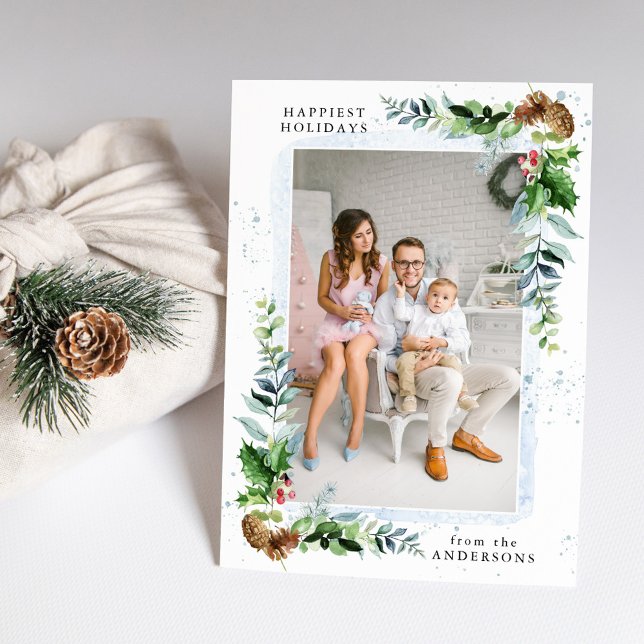 Cartes Pour Fêtes Annuelles Végétation d'hiver et aquarelle bleue (Créateur téléchargé)