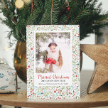 Cartes Pour Fêtes Annuelles Végétation d'hiver Motif Merriest Christmas Photo<br><div class="desc">Cette belle carte présente un motif floral de Noël vert clair,  rouge,  bleu et gris. Le script et la typographie classique sont utilisés avec une grande photo. Le dos de la carte est un motif rayé rouge et blanc.</div>