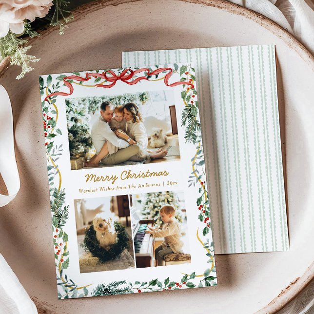 Cartes Pour Fêtes Annuelles Végétation hivernale luxuriante de Noël et Bow rou (Créateur téléchargé)