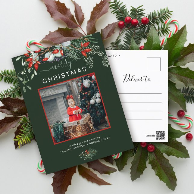 Cartes Pour Fêtes Annuelles Végétation Noël Photo Aquarelle Forêt verte (You will love these beautiful Christmas cards! They feature botanical watercolor pine and berries.)