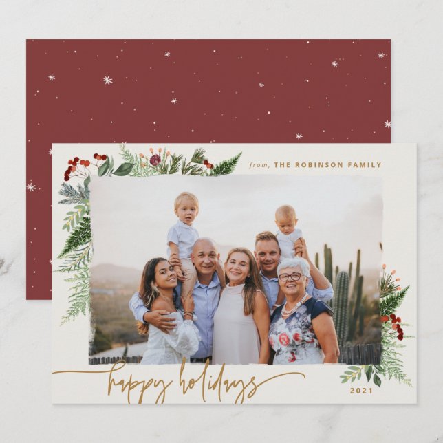 Cartes Pour Fêtes Annuelles Végétation rustique Bourgogne Beige Or Photo (Devant / Derrière)