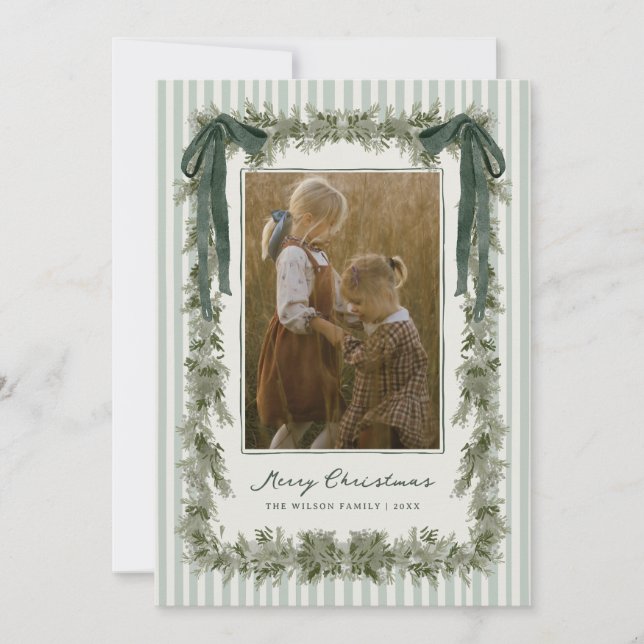 Cartes Pour Fêtes Annuelles Velvet Bow and Stripes Christmas Photo Card Green (Devant)