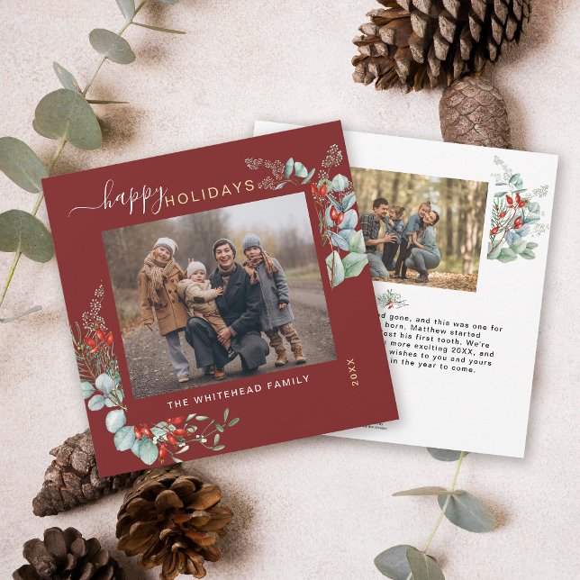 Cartes Pour Fêtes Annuelles Verdure botanique Aquarelle Elégante Bourgogne (You will love these beautiful Christmas cards! They feature botanical watercolor pine and berries.)