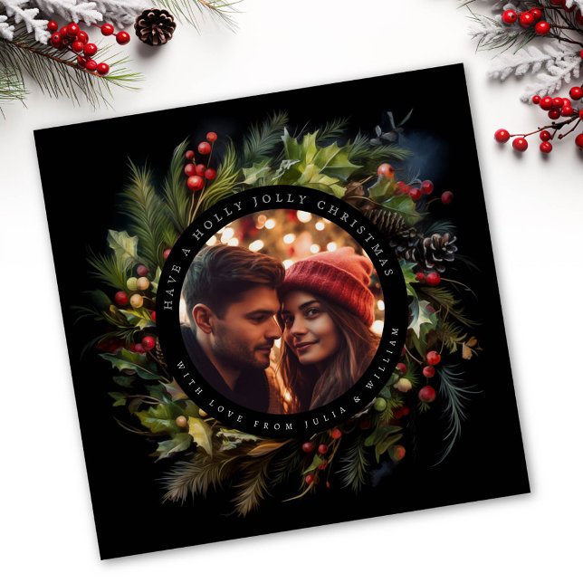 Cartes Pour Fêtes Annuelles Verdure Botanique de noël photo carré noir (Créateur téléchargé)