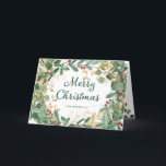 Cartes Pour Fêtes Annuelles Verdure dorée | Joyeux Noël<br><div class="desc">Cette élégante carte de vacances de Noël présente une couronne encadrée de feuilles d'aquarelle vert,  rouge et or moderne et des baies avec typographie verte tendance sur un arrière - plan blanc.</div>