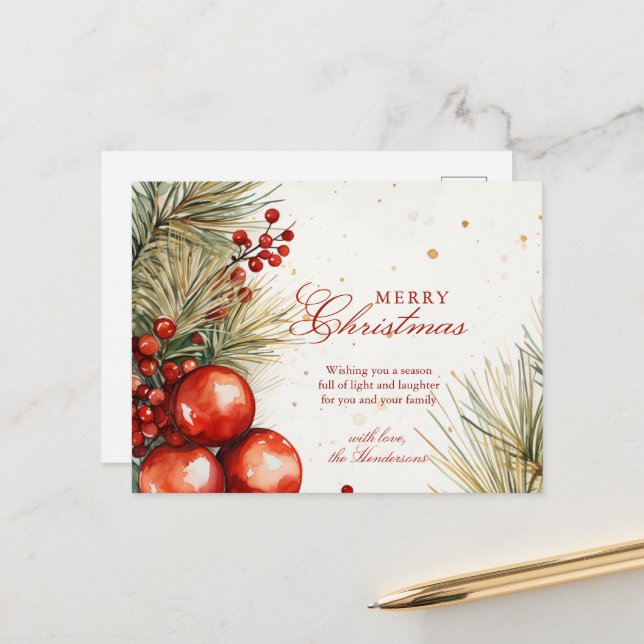 Cartes Pour Fêtes Annuelles Verdure Et Ornements De Noël (Devant/Arrière en situation)