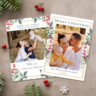 Cartes Pour Fêtes Annuelles Verdure Gold Christmas Holly Berries 2 Photo