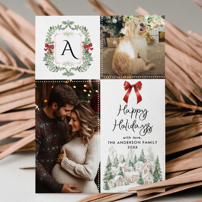 Cartes Pour Fêtes Annuelles Verdure Monogramme Crest Bow Joyeuses Vacances 2 P (Créateur téléchargé)