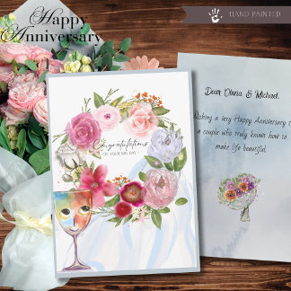 Cartes Pour Fêtes Annuelles Verre à vin et couronne florale Mariage Anniversai