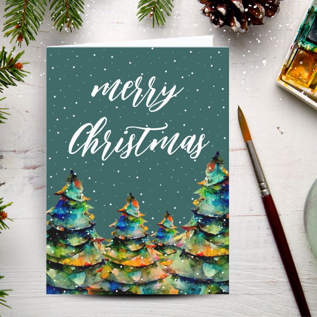 Cartes Pour Fêtes Annuelles Vert aquarelle Noël Arbre de neige Flèches (Créateur téléchargé)