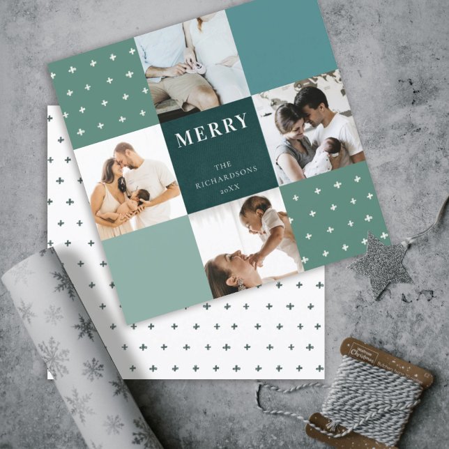 Cartes Pour Fêtes Annuelles Vert Bleu Carreaux 4 Photo Joyeux Noël (Créateur téléchargé)