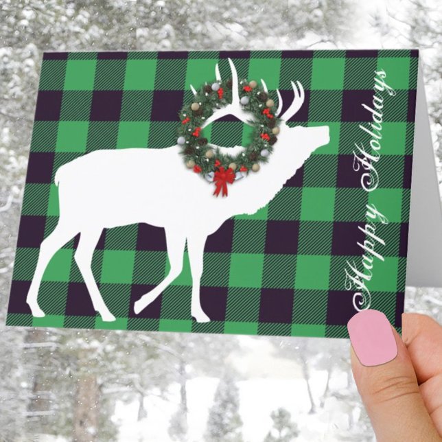 Cartes Pour Fêtes Annuelles Vert Buffalo Plaid Elk Silhouette Vacances Wreath (Créateur téléchargé)