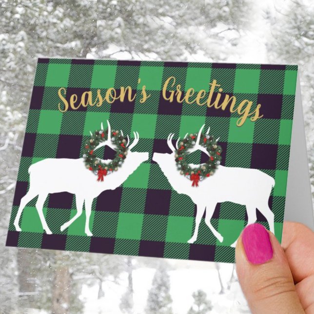 Cartes Pour Fêtes Annuelles Vert Buffalo Plaid Elk Silhouette Wreath Custom (Créateur téléchargé)