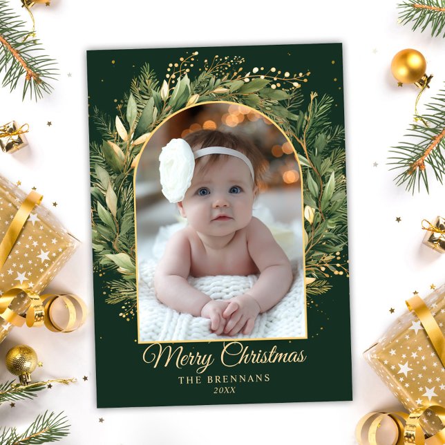 Cartes Pour Fêtes Annuelles Vert Élégant Noël 1 Photo Botanique Moderne (Green Elegant Christmas 1 Photo Botanical Modern Holiday Card)